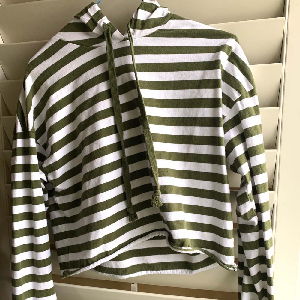 Green and White Cropped Hoodie